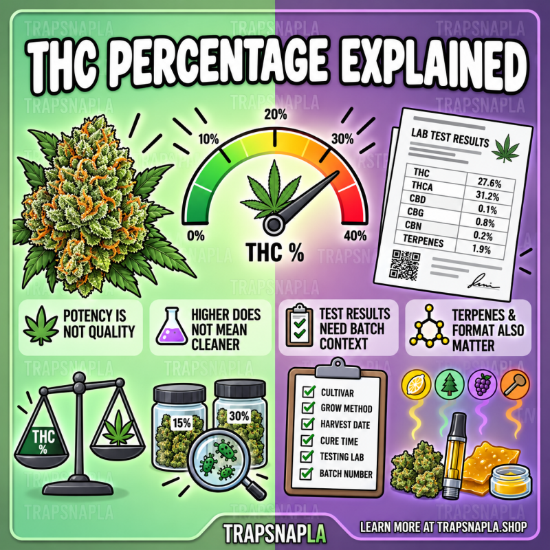 TrapSnapLA THC percentage explained: potency is not quality, with an illustrative potency gauge and lab report.