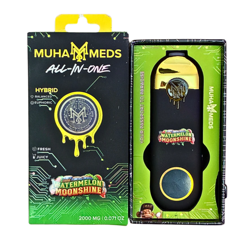 Muha Meds-labeled Watermelon Moonshine device beside its all-in-one packaging.