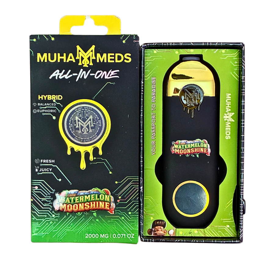 Muha Meds-labeled Watermelon Moonshine device beside its all-in-one packaging.