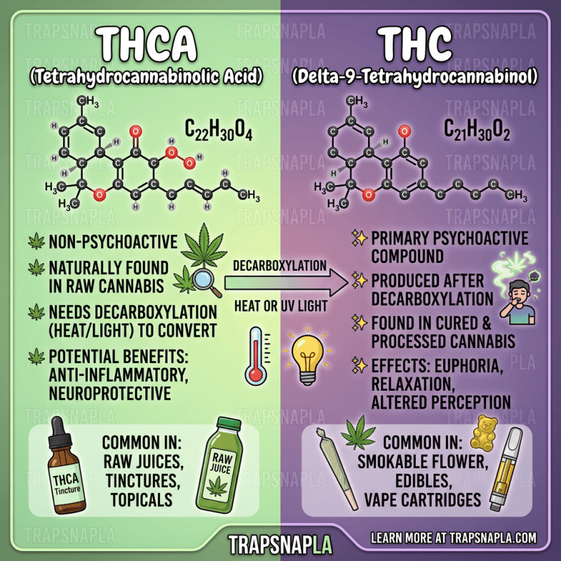 Infographic comparing THCA and THC, including conversion, effects, and common sources