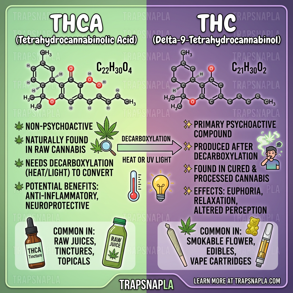 Infographic comparing THCA and THC, including conversion, effects, and common sources