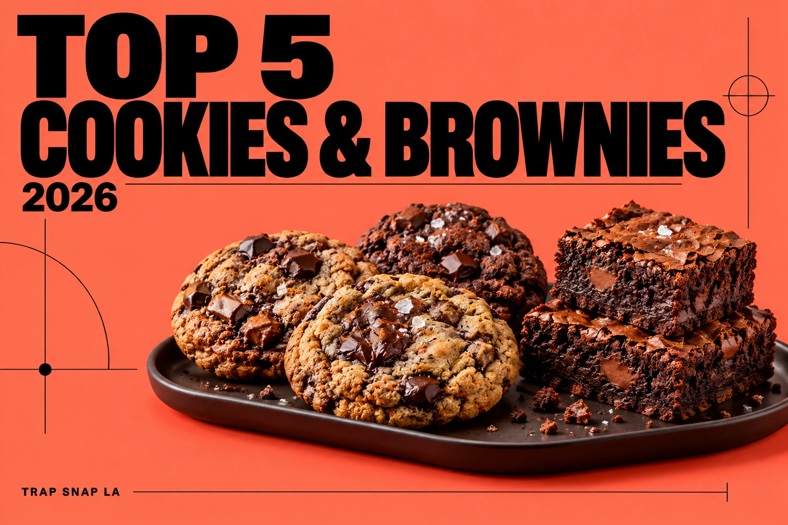 Editorial illustration for the 2026 cookies & brownies comparison, with unbranded objects and bold magazine typography.