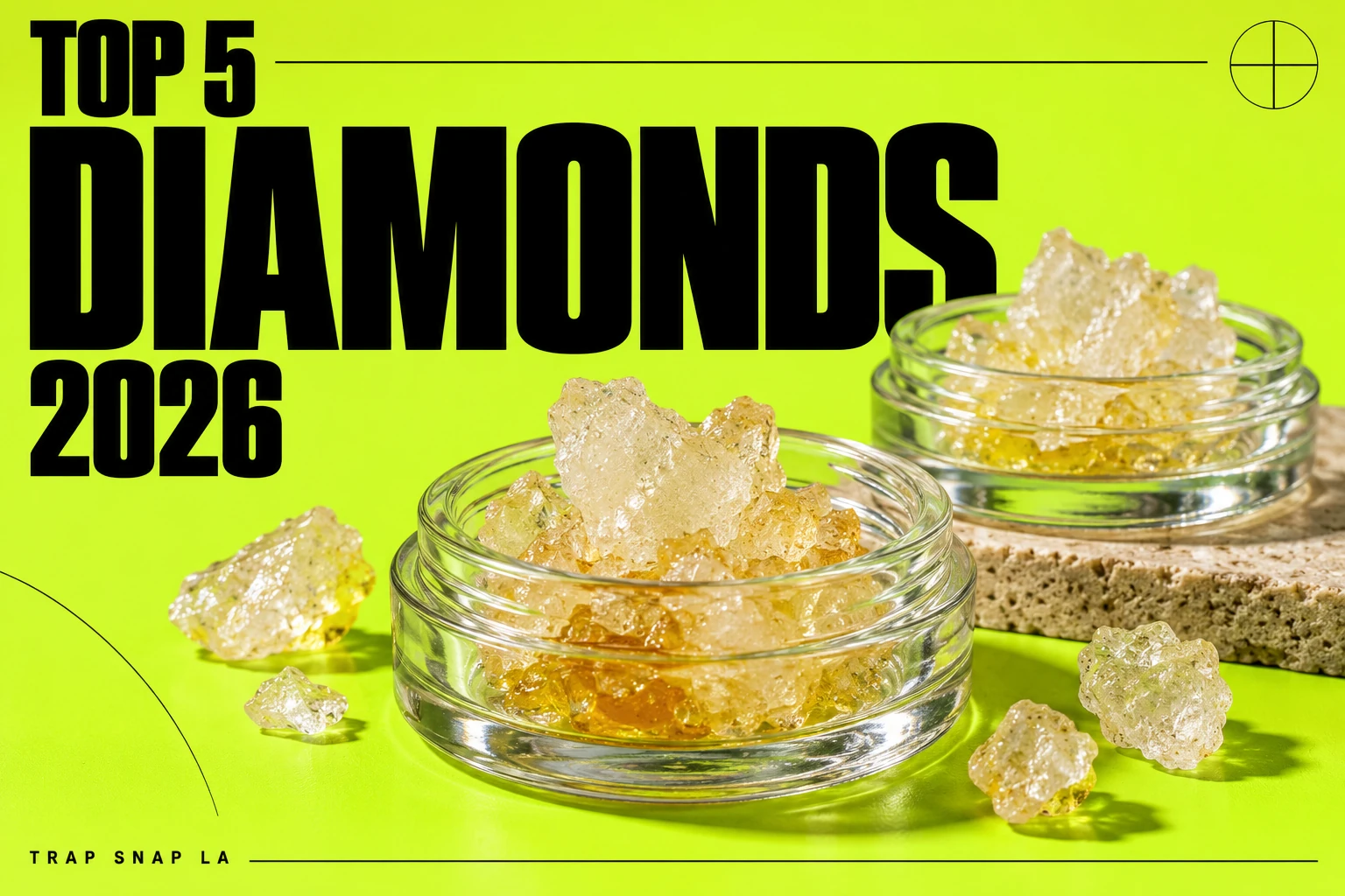 Illustrative crystalline cannabis concentrates in glass dishes on lime with Top 5 Diamonds 2026 headline.