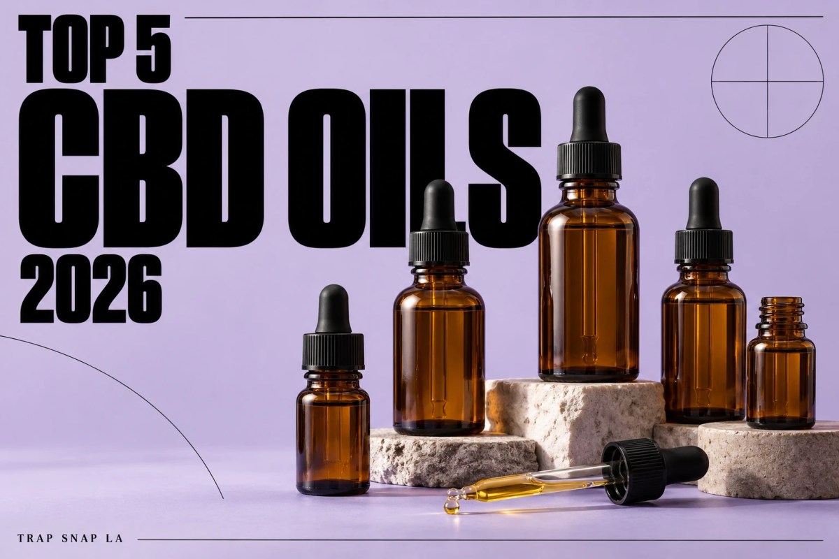 Illustrative amber dropper bottles on lavender with Top 5 CBD Oils 2026 headline.