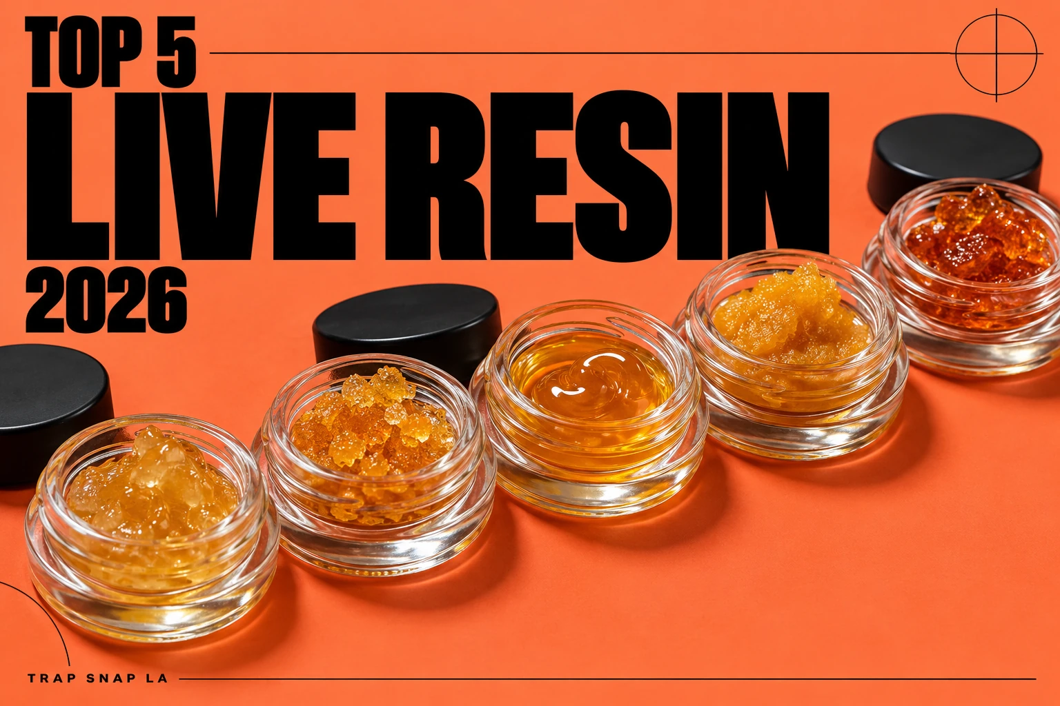 Illustrative jars of glossy golden concentrate on coral with Top 5 Live Resin 2026 headline.