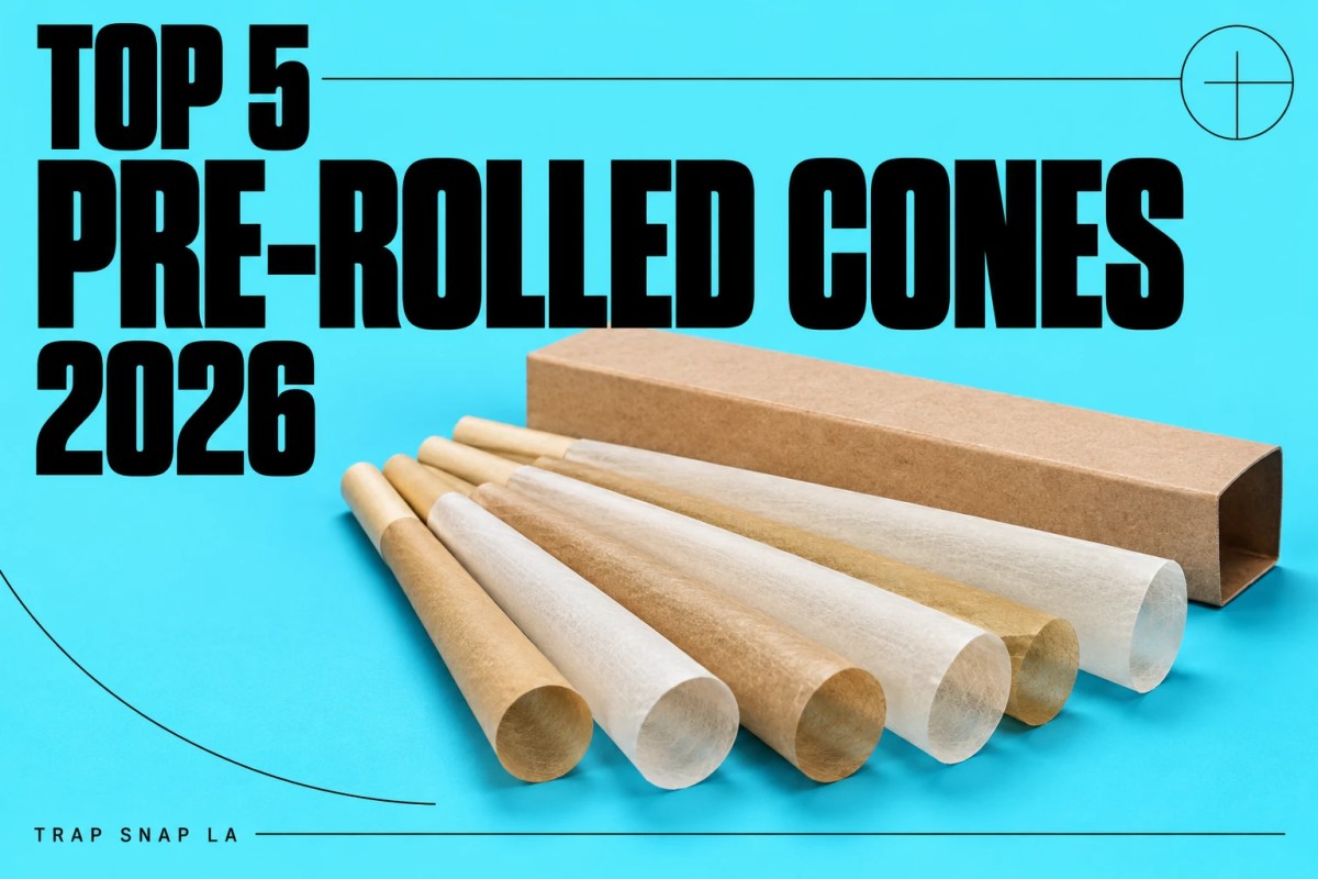 Illustrative empty paper cones on cyan with Top 5 Pre-Rolled Cones 2026 headline.