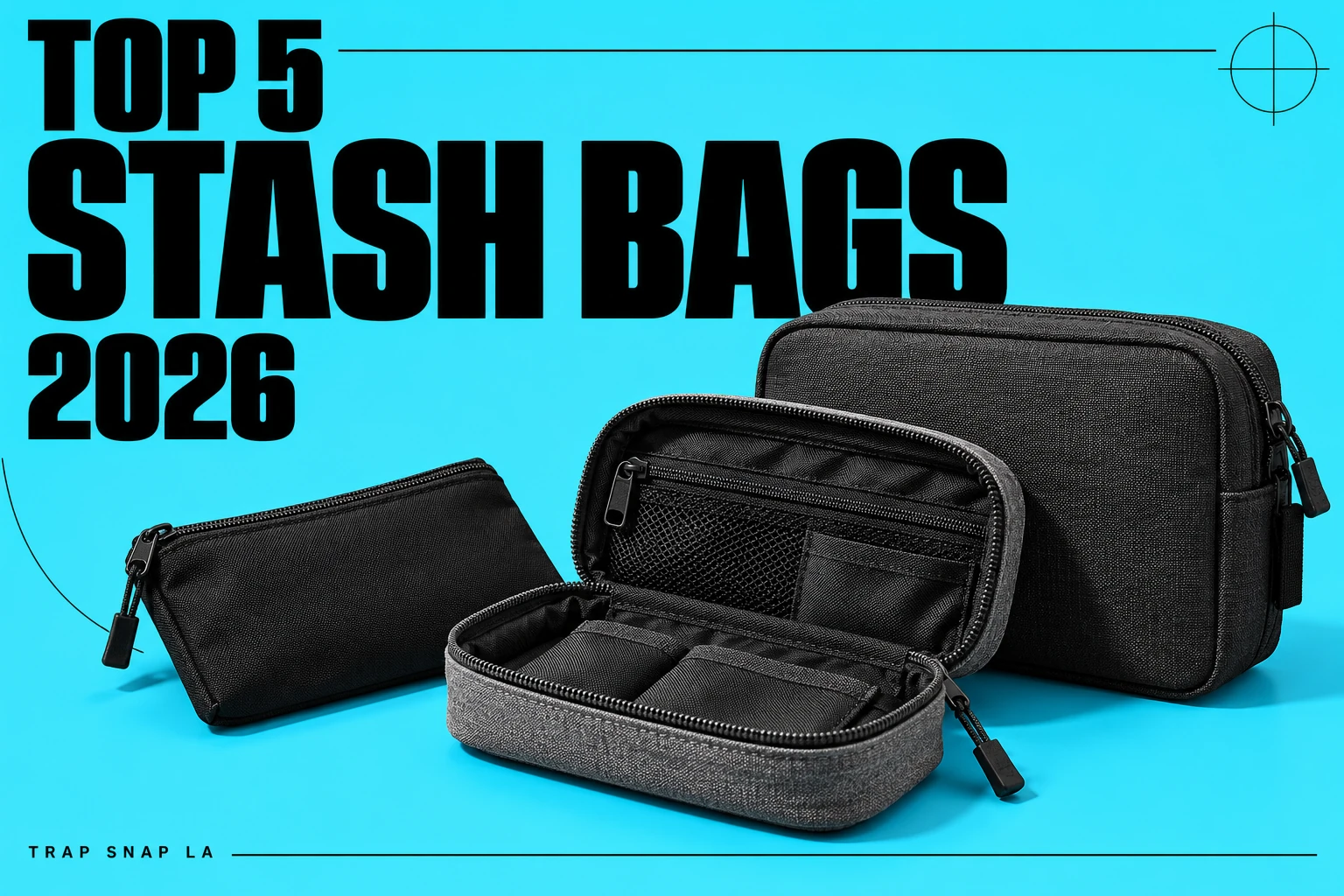 Illustrative fabric zippered storage pouches on cyan with Top 5 Stash Bags 2026 headline.