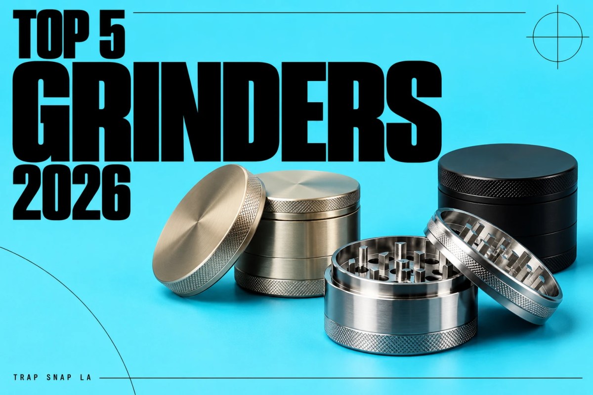Illustrative stainless steel and black herb grinders on cyan with Top 5 Grinders 2026 headline.