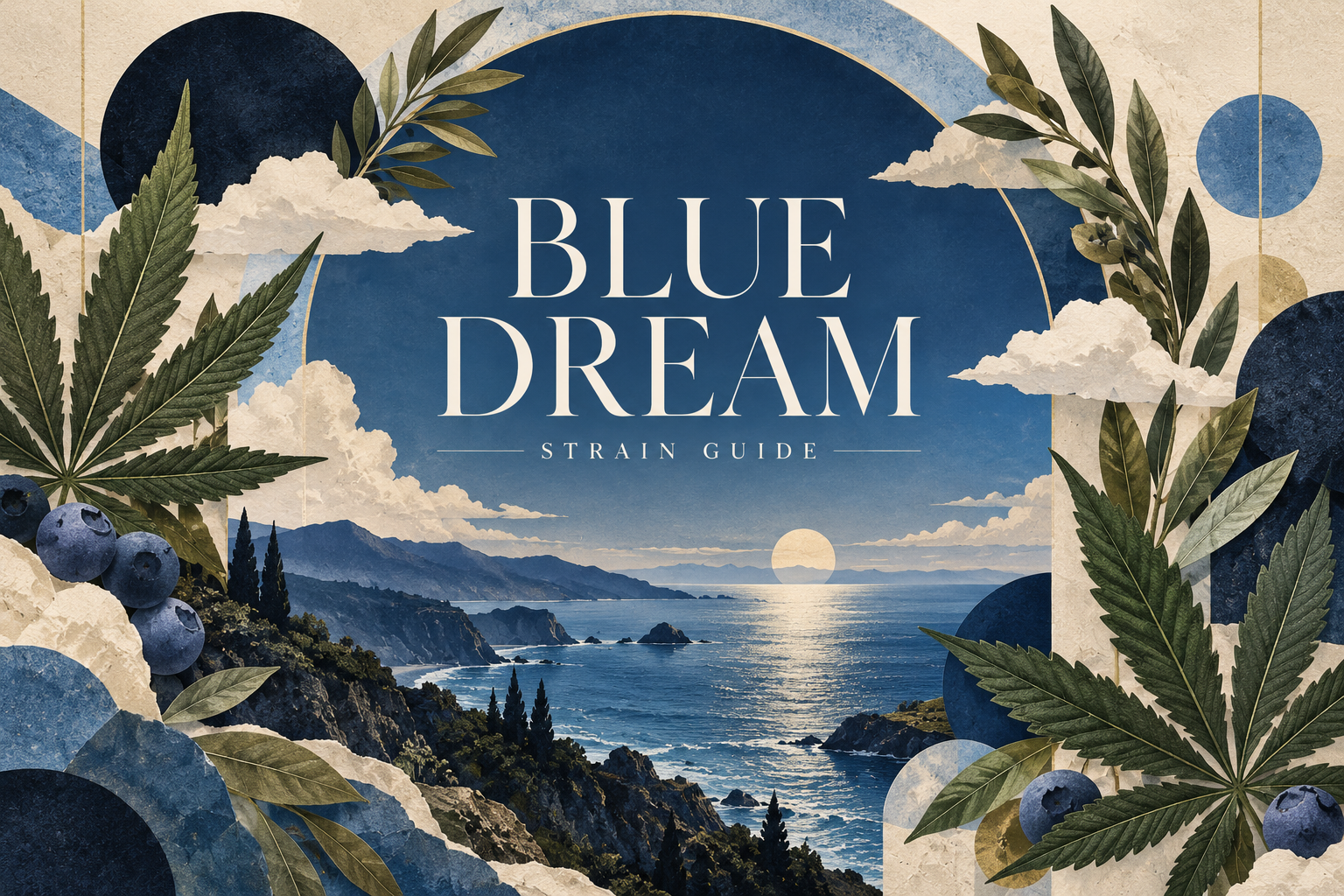 Textured paper illustration of a blue coastal horizon, clouds, blueberries and botanical leaves, titled Blue Dream.