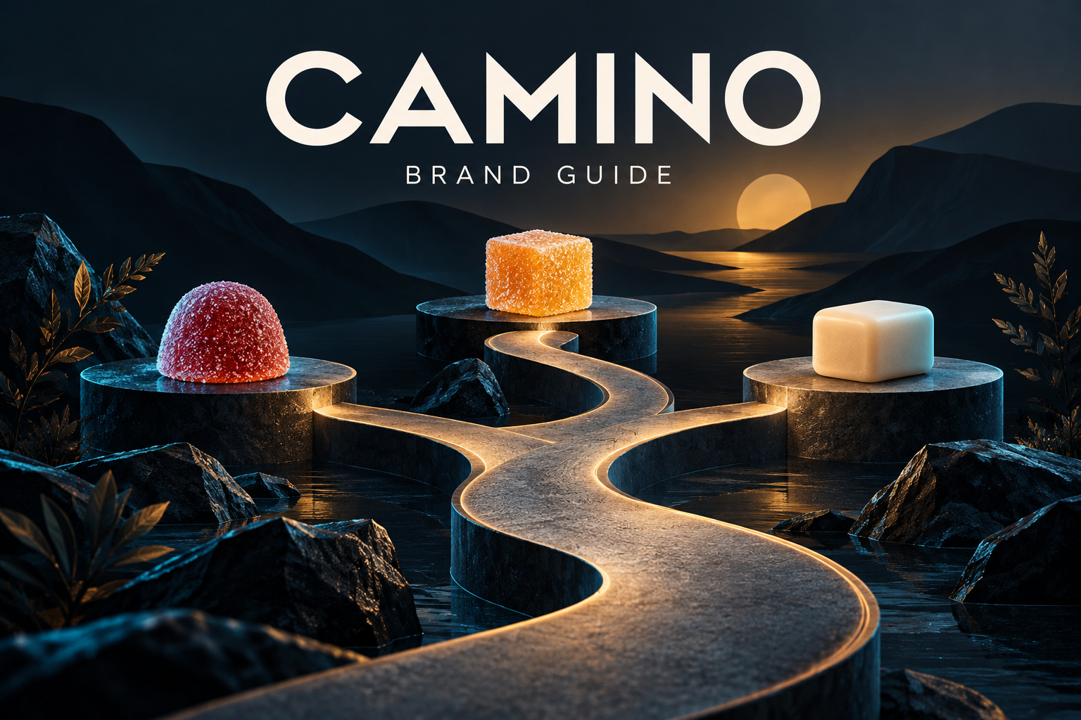 Conceptual illustration of a winding path joining three generic edible forms on platforms for the Camino guide.