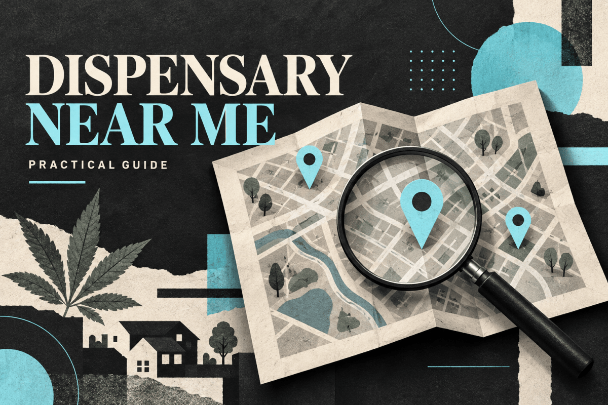 Editorial illustration of an abstract neighborhood map, three location pins and a magnifying glass.