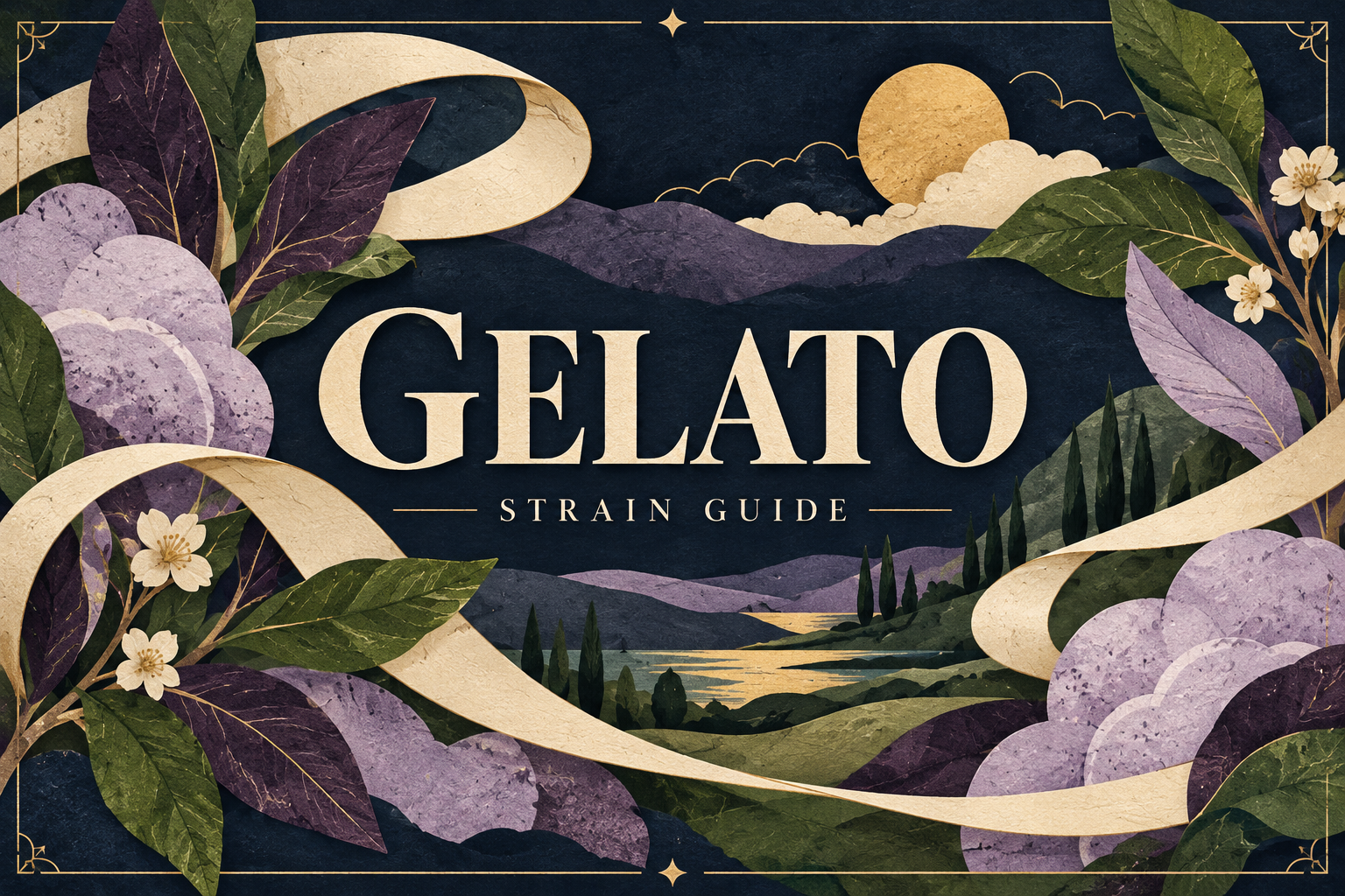 Paper illustration of plum botanical leaves and a flowing cream ribbon around the Gelato strain guide title.