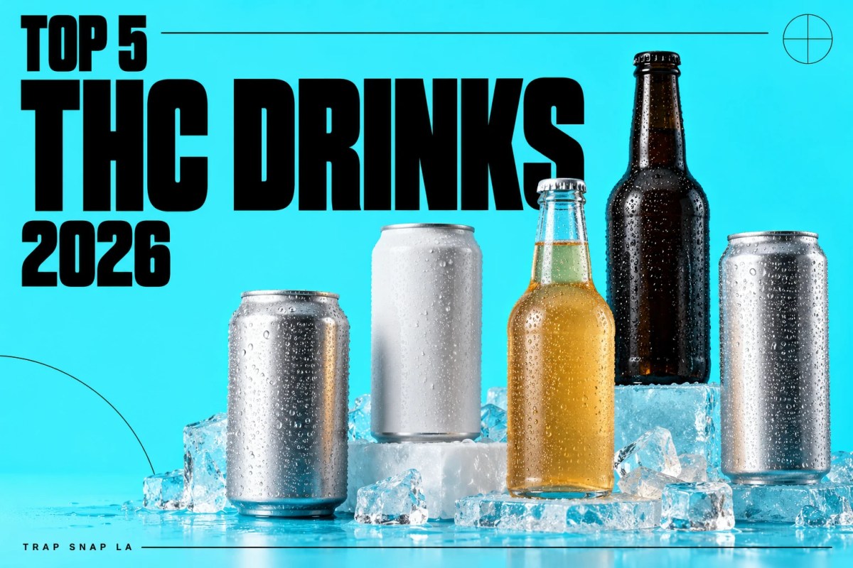 Illustrative unbranded beverage cans and bottles on cyan with Top 5 THC Drinks 2026 headline.