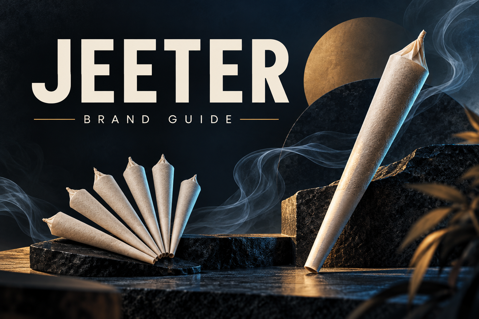 Conceptual illustration of a fan of plain pre-roll cones and one larger cone for the Jeeter brand guide.
