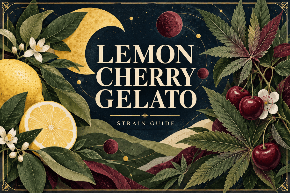 Paper collage of lemon crescents, cherries and botanical leaves around the Lemon Cherry Gelato title.
