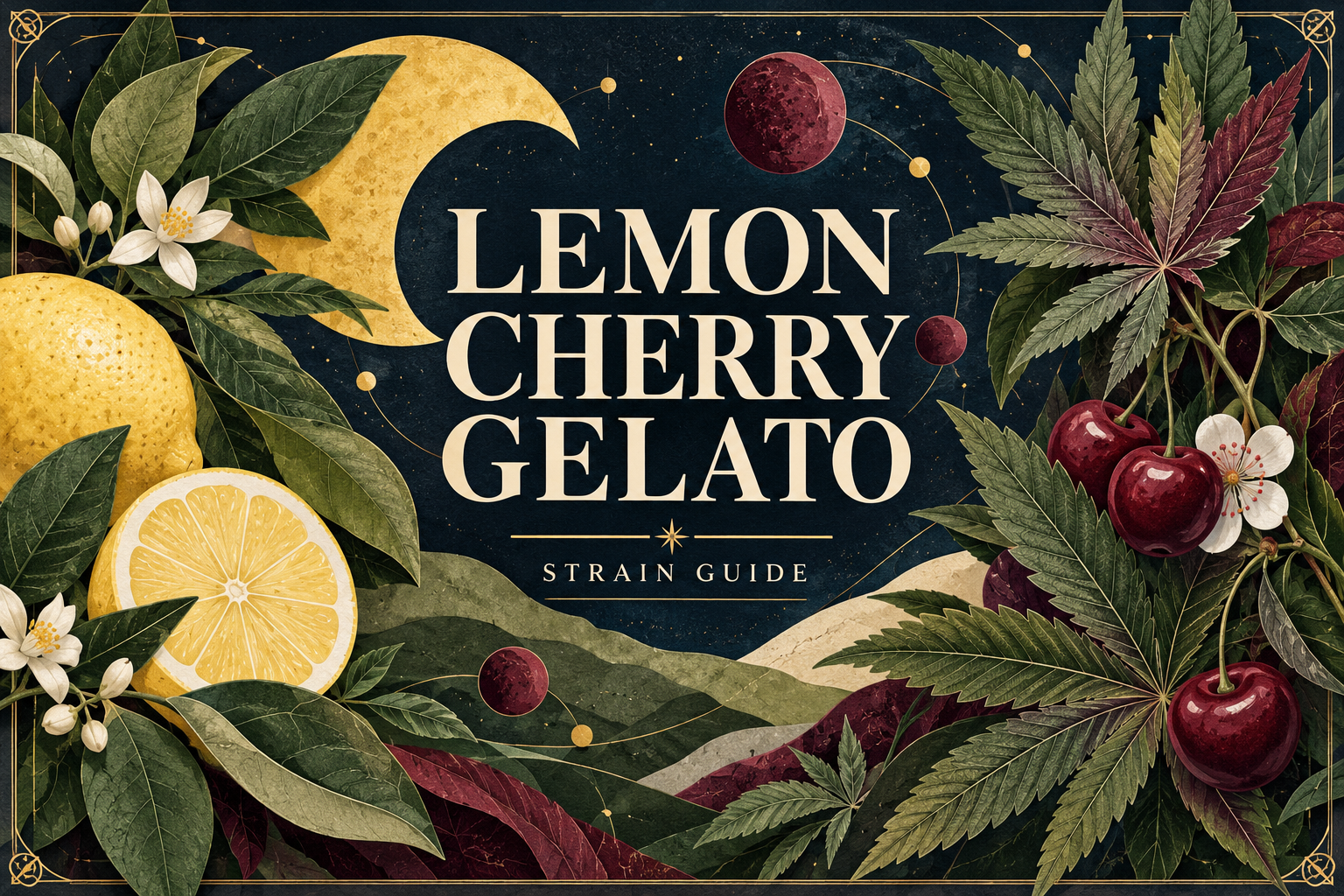 Paper collage of lemon crescents, cherries and botanical leaves around the Lemon Cherry Gelato title.