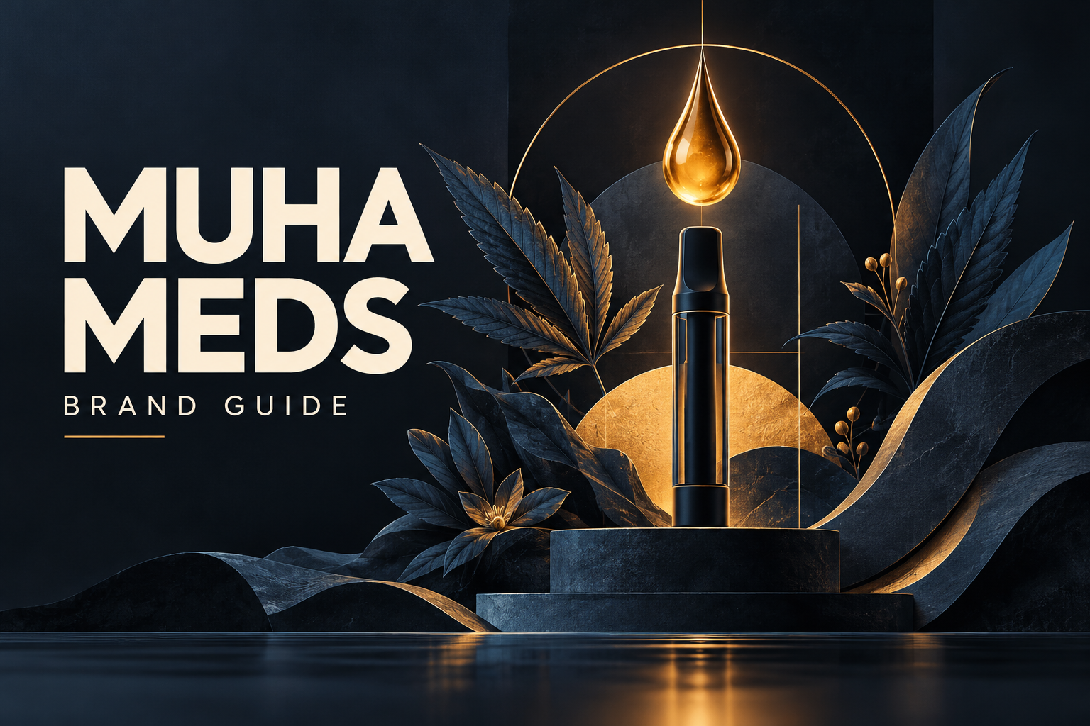 Conceptual illustration of an unbranded vape silhouette, amber droplet and botanical forms for the Muha Meds brand guide.