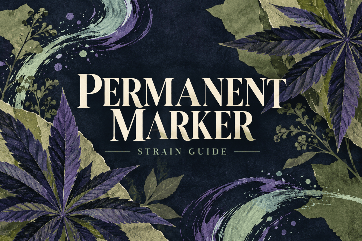 Botanical paper collage with violet leaves and sweeping mint and purple ink-like strokes.