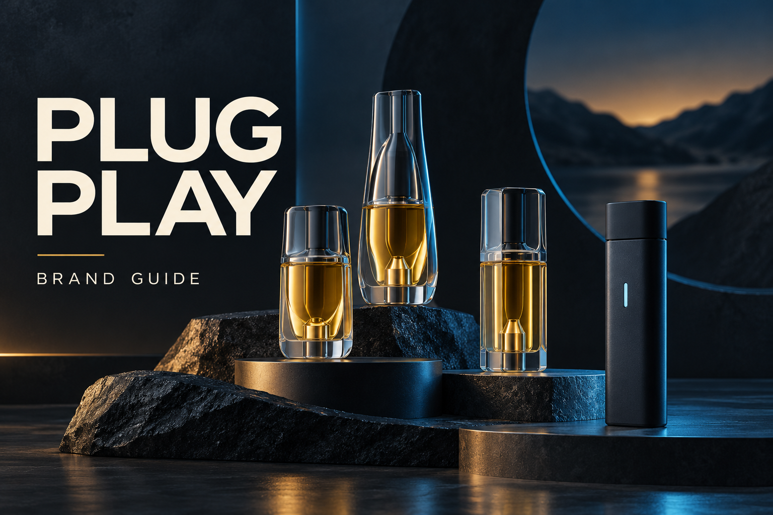 Conceptual illustration of generic translucent pod forms and a separate battery for the Plug Play brand guide.