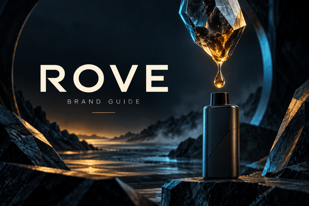 Conceptual illustration of a faceted crystal becoming an amber droplet above a generic vape silhouette.