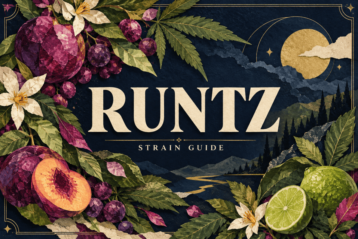 Paper collage of purple berries, sliced stone fruit, lime and botanical leaves around the Runtz strain guide title.