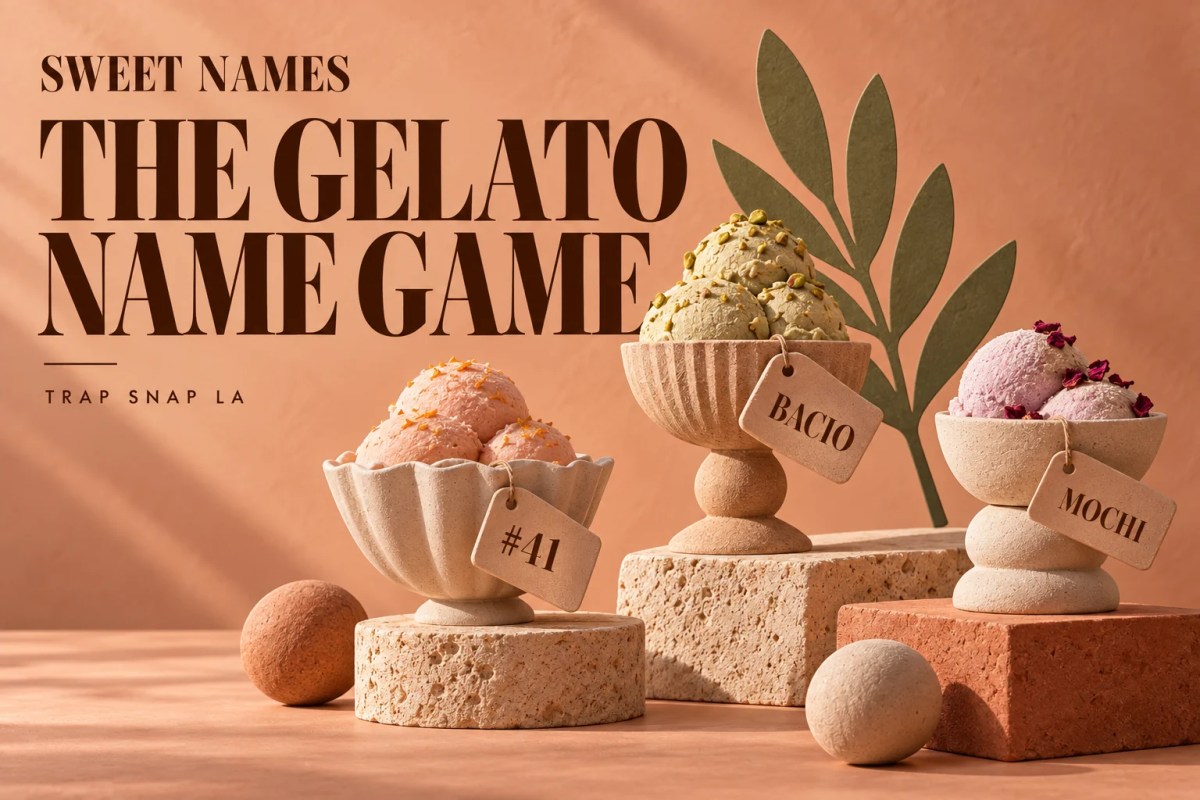 AI editorial illustration of three sculptural dessert cups and Gelato name tags in a warm peach Sweet Names cover.
