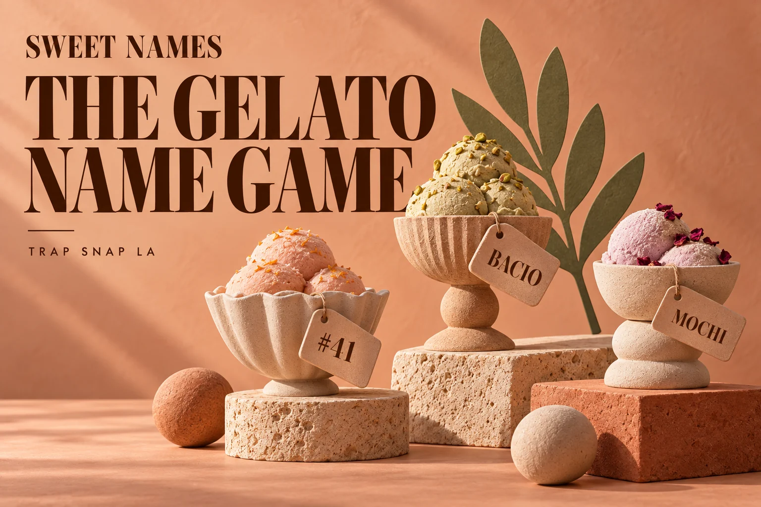 AI editorial illustration of three sculptural dessert cups and Gelato name tags in a warm peach Sweet Names cover.