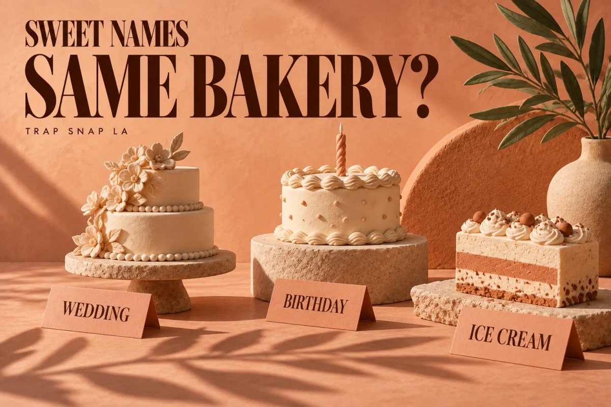 AI editorial illustration of three different cake sculptures representing Wedding Cake, Birthday Cake and Ice Cream Cake names.