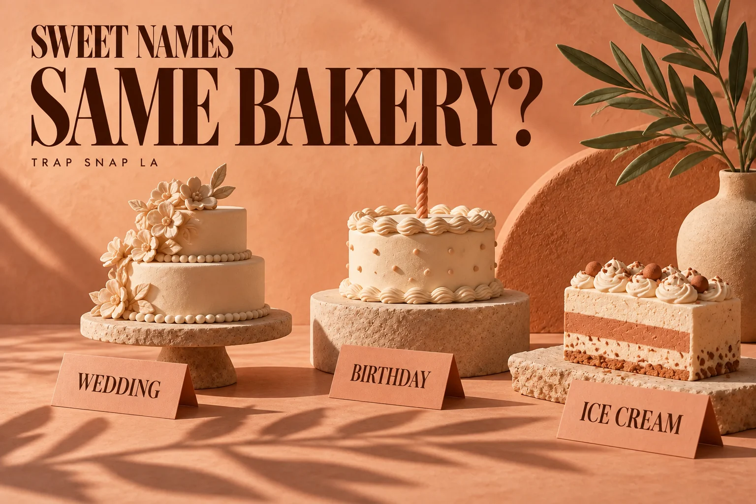 AI editorial illustration of three different cake sculptures representing Wedding Cake, Birthday Cake and Ice Cream Cake names.