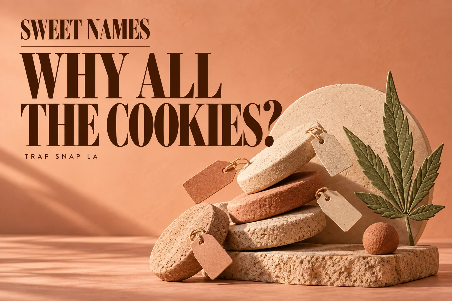 AI editorial illustration of clay cookie forms and branching blank tags for a cover about Cookies strain names.