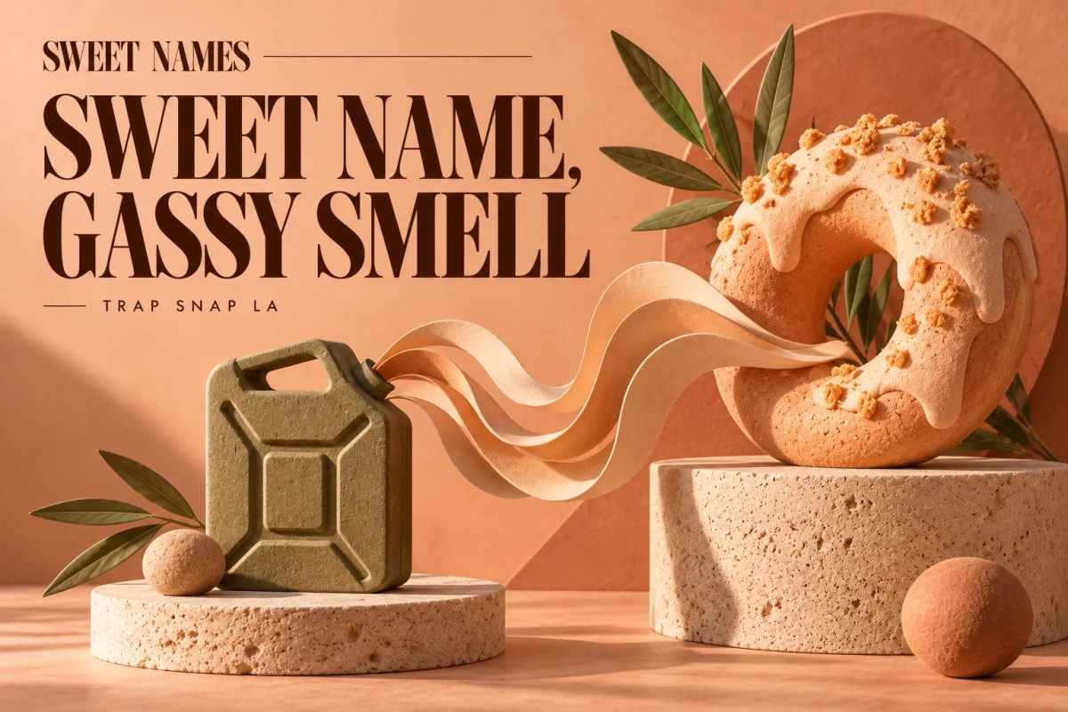 AI editorial illustration pairing a pastry-shaped sculpture with an abstract fuel-can form to explore sweet and gassy aroma descriptions.