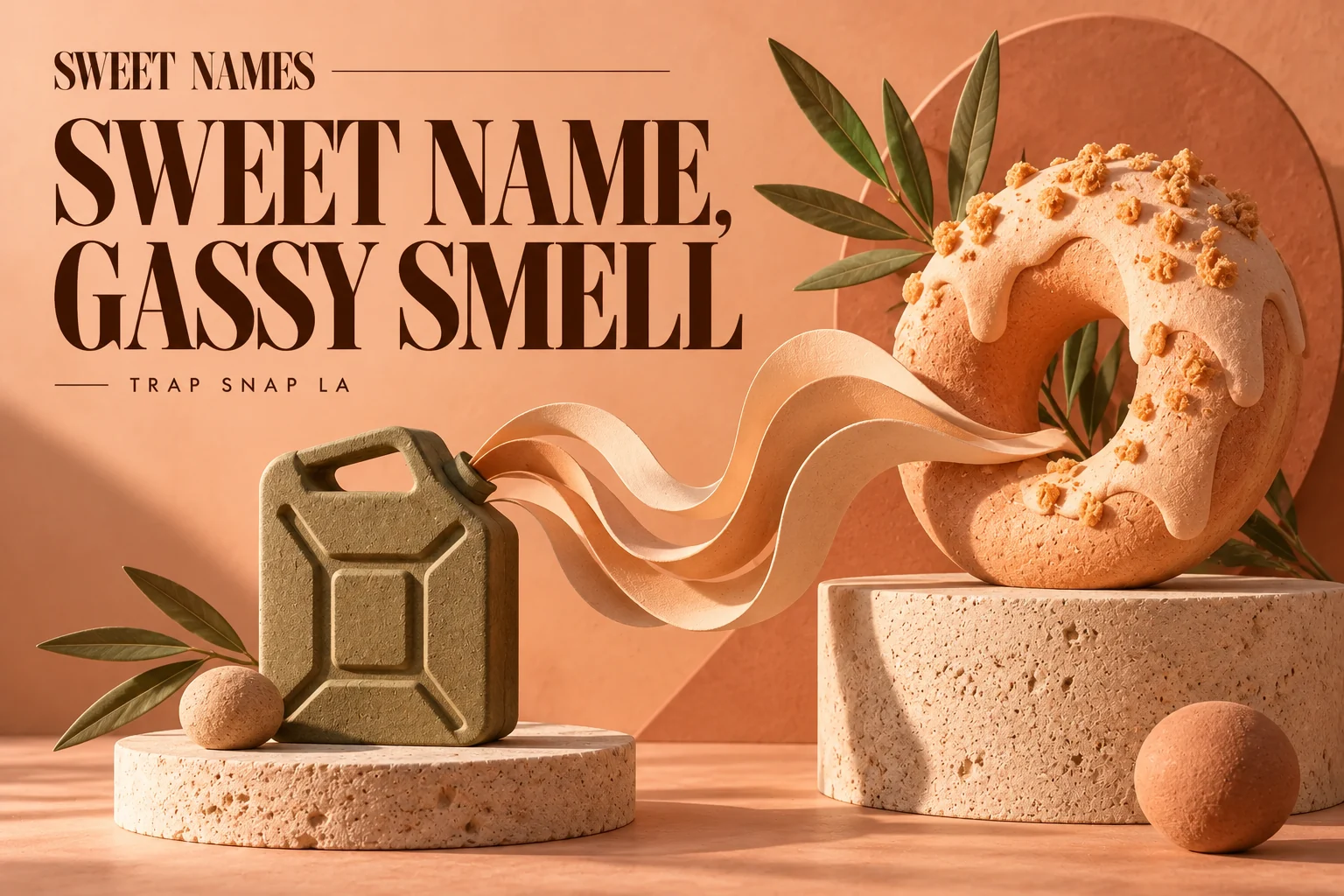 AI editorial illustration pairing a pastry-shaped sculpture with an abstract fuel-can form to explore sweet and gassy aroma descriptions.