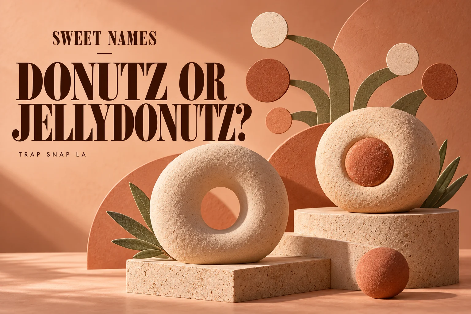 AI editorial illustration of two different pastry sculptures with diverging abstract paths for Donutz and JellyDonutz naming histories.