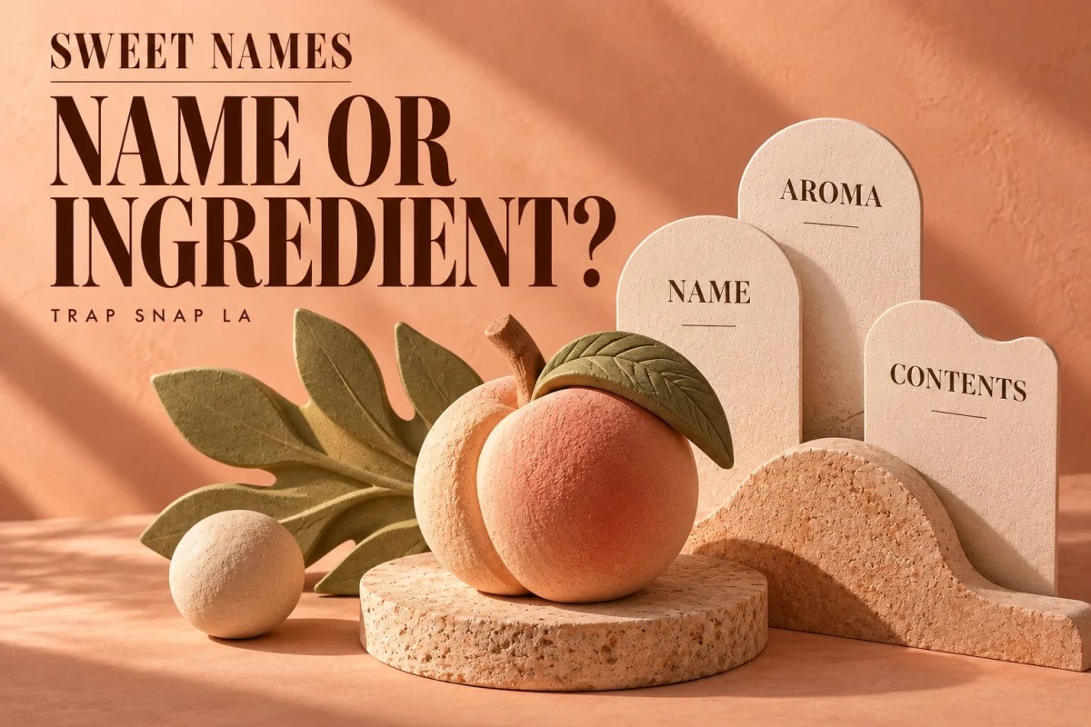 AI editorial illustration of a fruit-shaped clay sculpture beside separate Name, Aroma and Contents cards.
