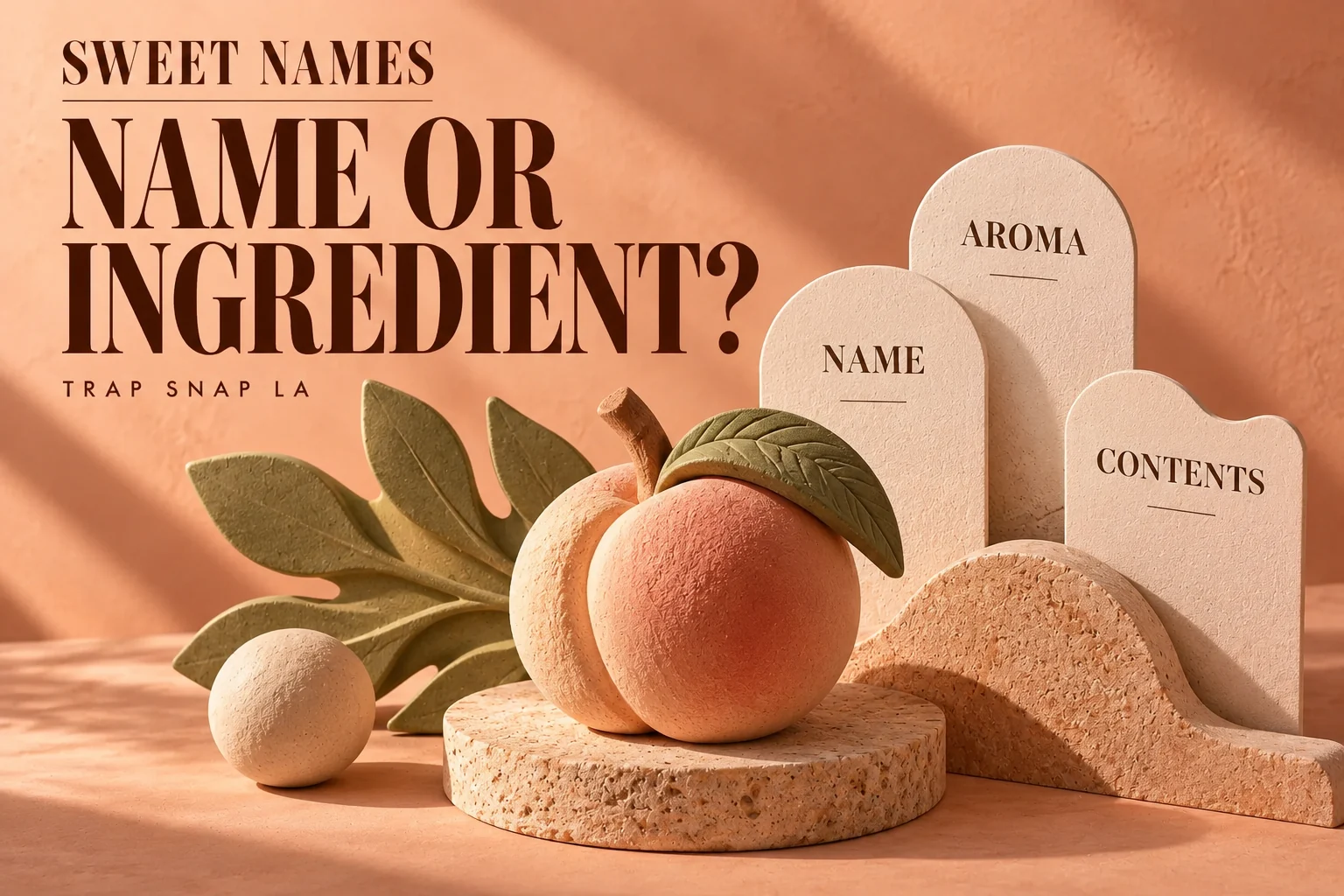 AI editorial illustration of a fruit-shaped clay sculpture beside separate Name, Aroma and Contents cards.
