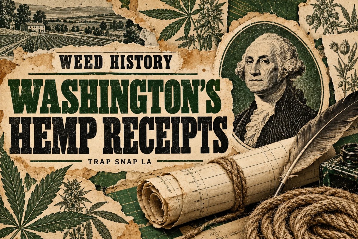 AI editorial illustration of a Washington cameo, quill, blank ledger papers and rope for his documented hemp business history.