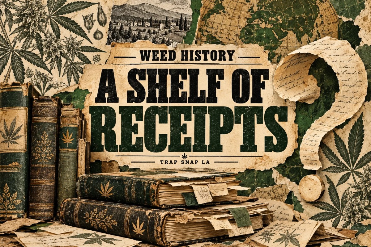 AI editorial illustration of a shelf of hefty volumes and paper tabs for the Indian Hemp Drugs Commission archive.