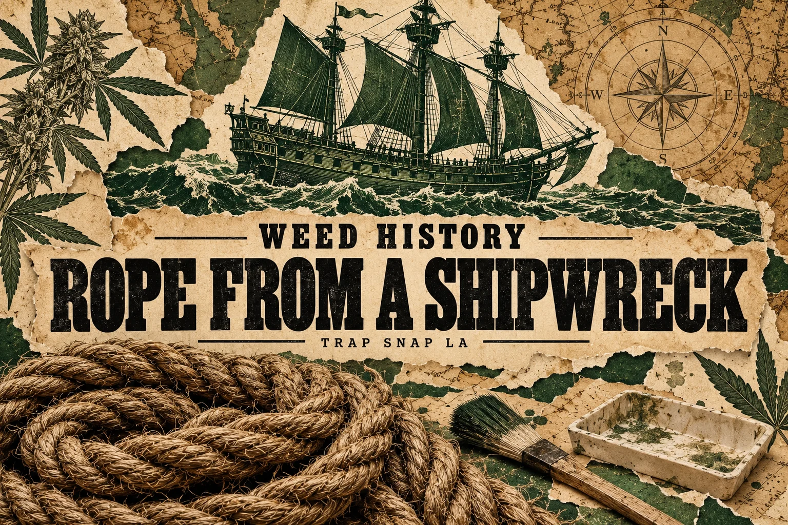 AI editorial illustration of a Tudor ship silhouette, rope coil and conservation brush for the Mary Rose hemp cable story.