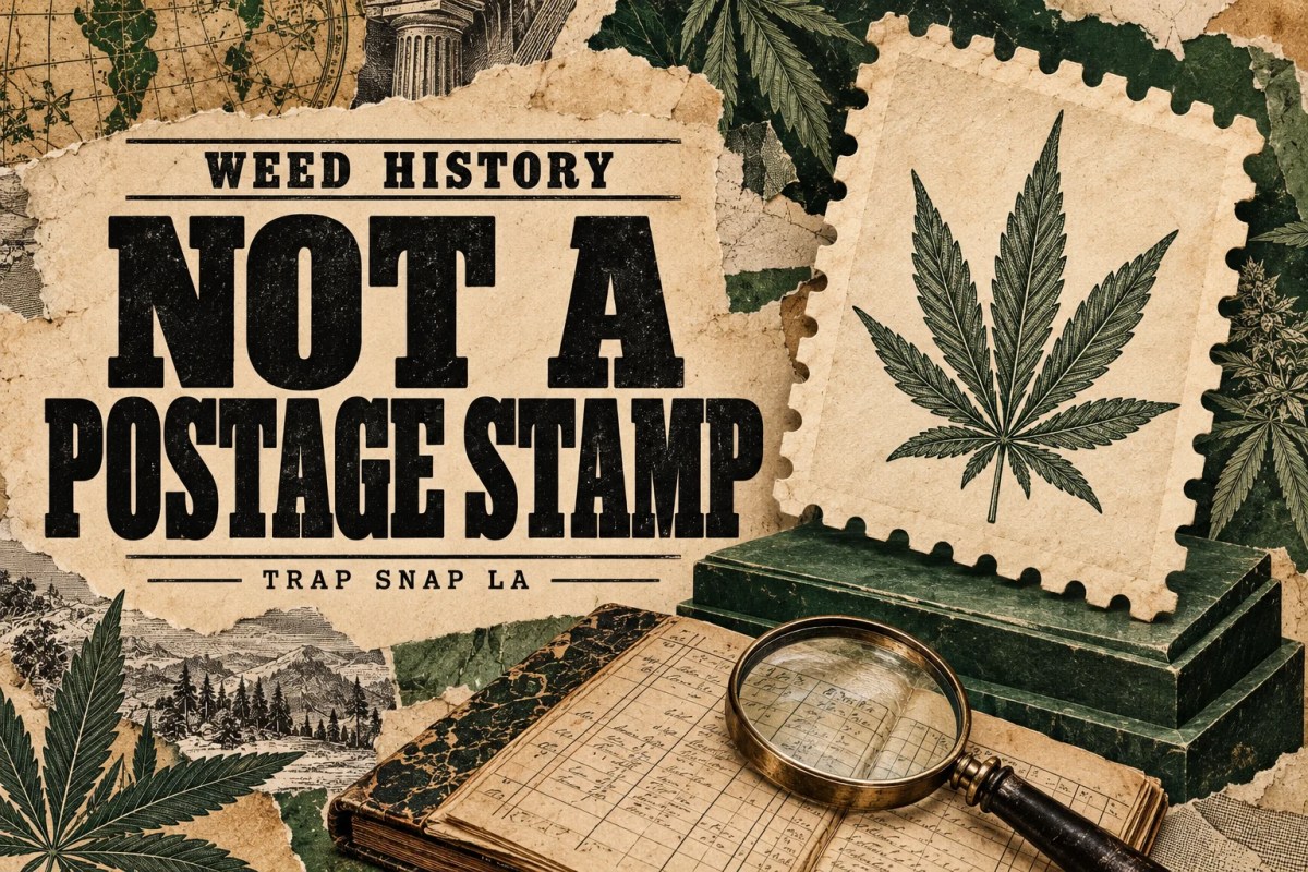 AI editorial illustration of an abstract perforated stamp form, ledger and magnifying lens for cannabis revenue-stamp history.
