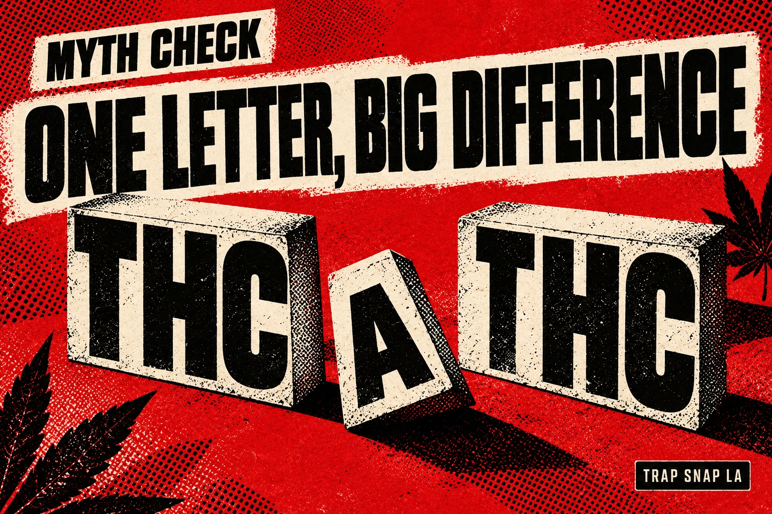 AI editorial illustration of THCA and THC letter tiles with a detached A on a red halftone background.