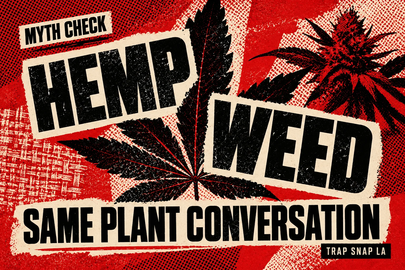 AI editorial illustration of a shared botanical silhouette across Hemp and Weed labels.