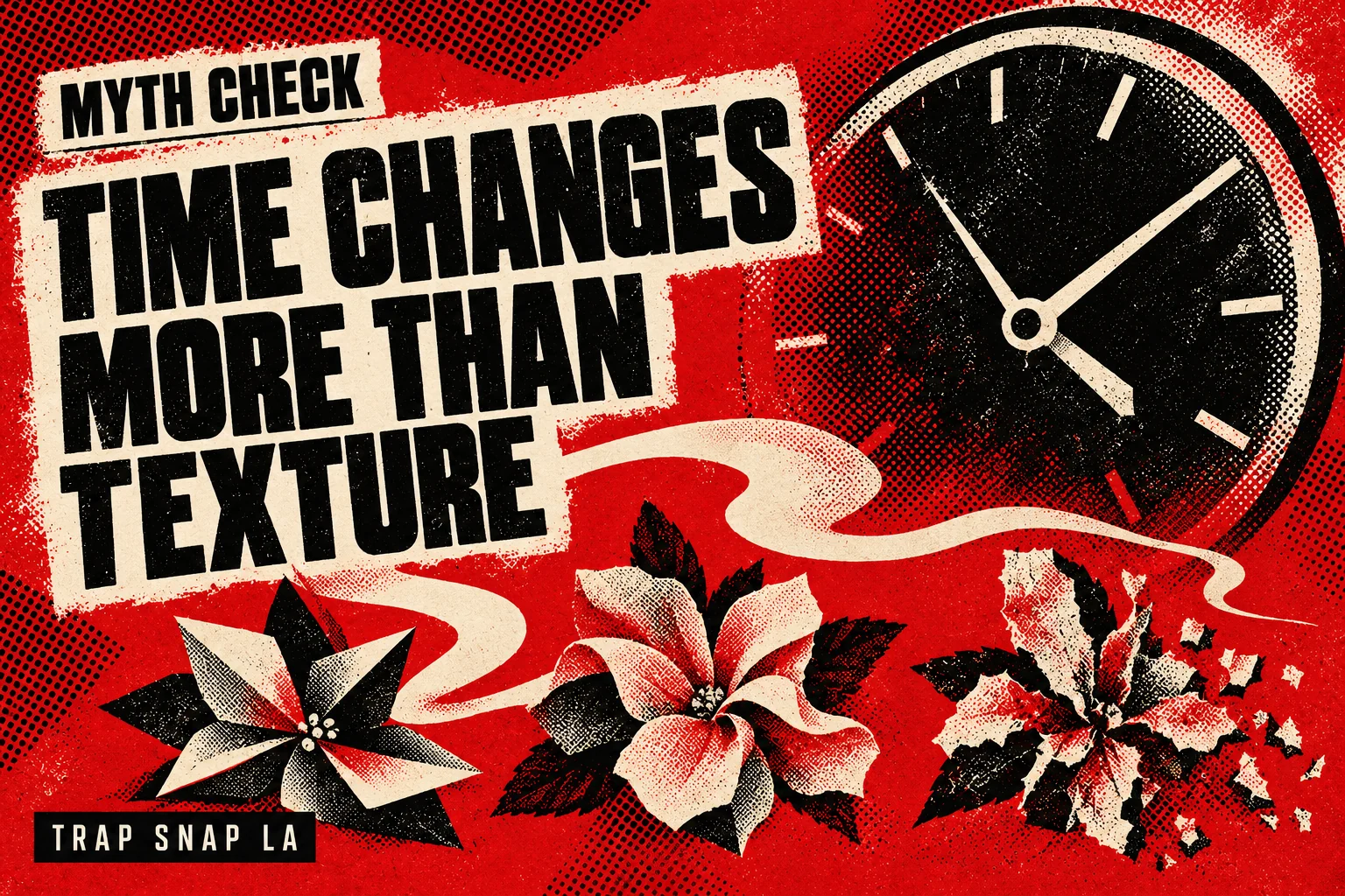 AI editorial illustration of a clock and changing abstract botanical textures for cannabis aging questions.