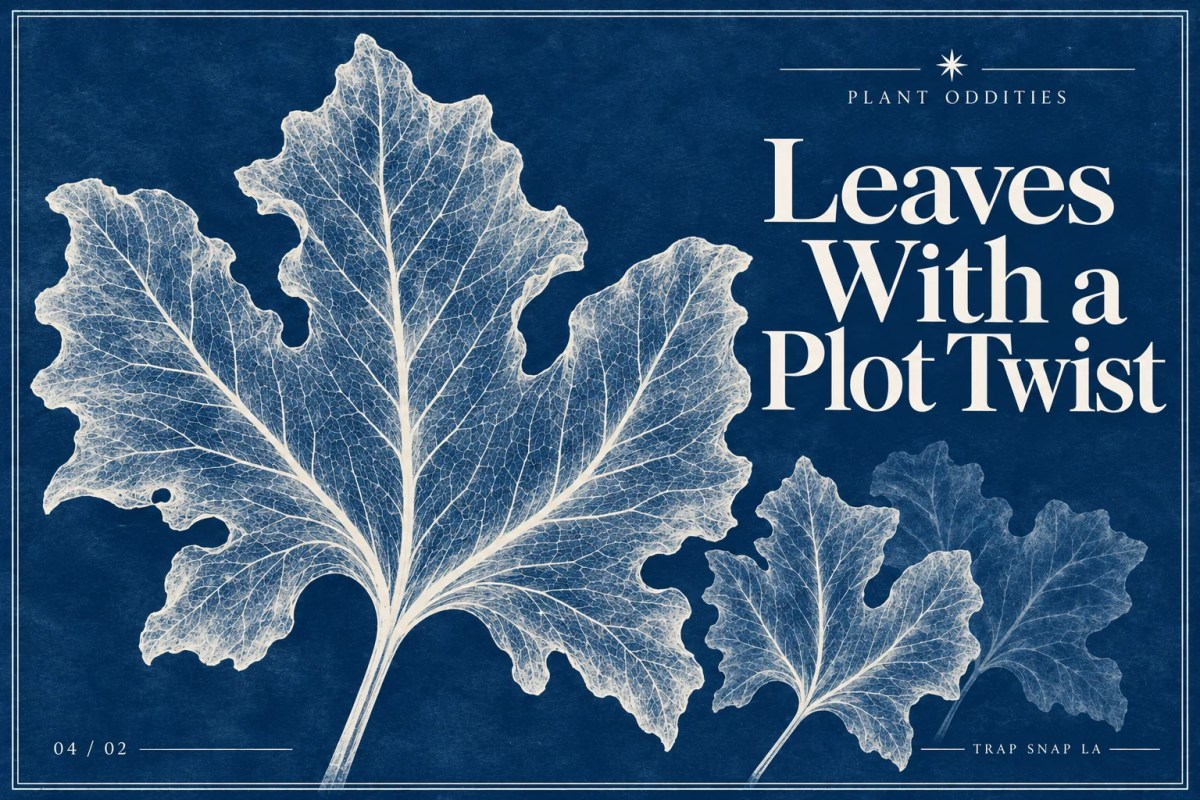 Artistic cyanotype-inspired cover with a large stylized webbed leaf and the headline Leaves With a Plot Twist.