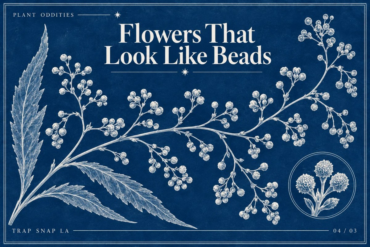 Editorial cyanotype-inspired illustration of airy branches with bead-like flower clusters, titled Flowers That Look Like Beads.
