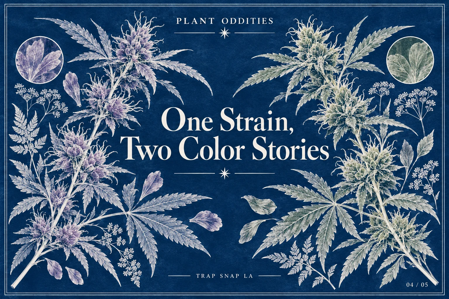 Cyanotype-inspired botanical art with two contrasting flower silhouettes and subtle lavender and sage accents, titled One Strain, Two Color Stories.