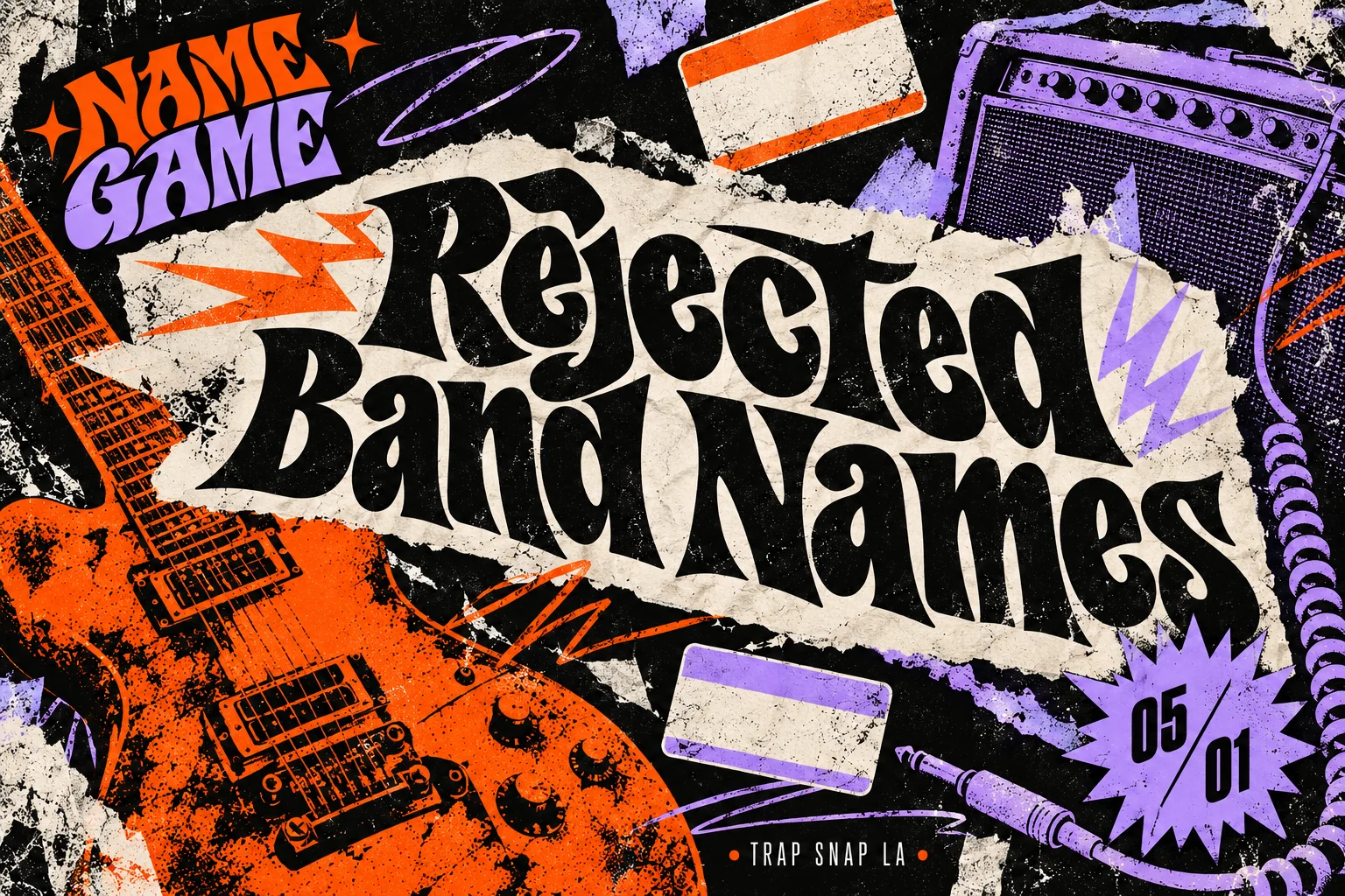 Orange, lavender and black editorial music-poster collage with an electric guitar, amplifier and the headline Rejected Band Names.