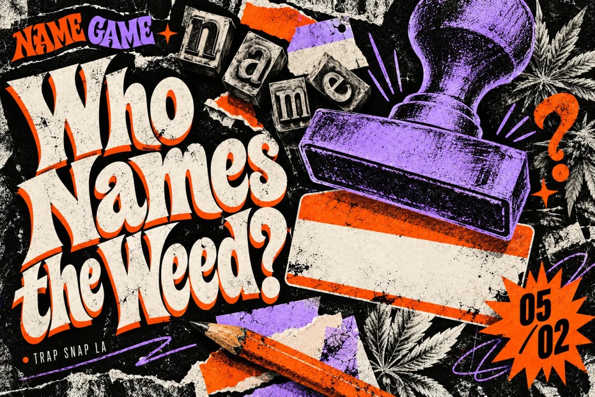 Distressed print collage of a rubber stamp, printer type and blank name tags, titled Who Names the Weed?