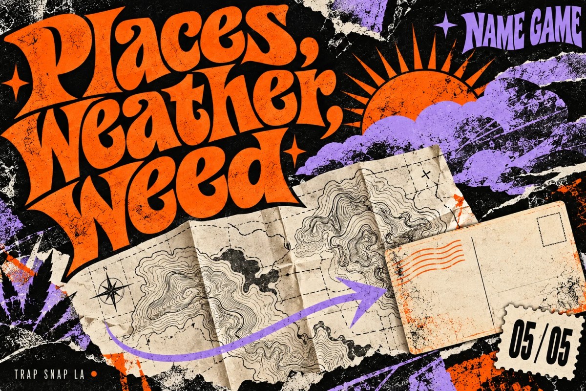 Orange and lavender editorial collage of a folded map, sun, storm cloud and postcard, titled Places, Weather, Weed.