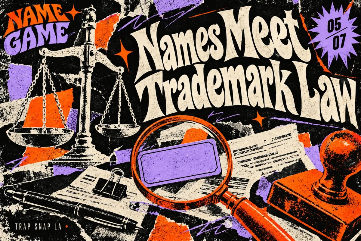 Distressed adult editorial collage of scales, a magnifying glass and blank name label, titled Names Meet Trademark Law.