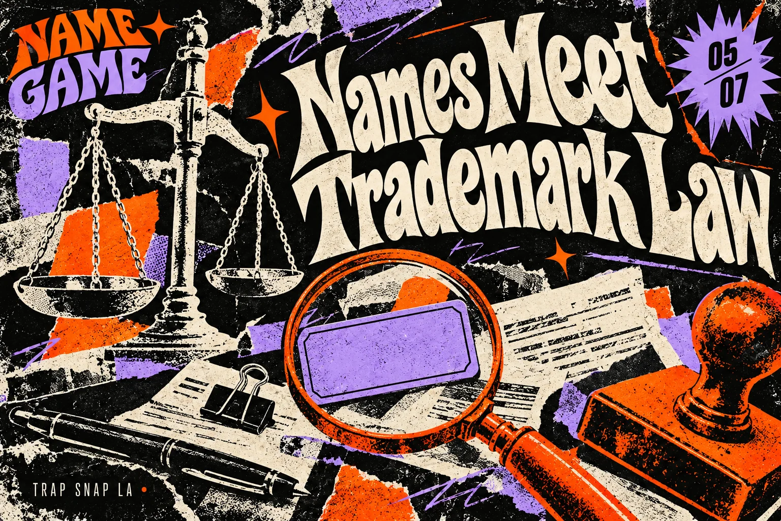 Distressed adult editorial collage of scales, a magnifying glass and blank name label, titled Names Meet Trademark Law.